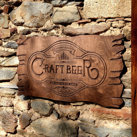 a wooden sign on a stone wall that says ratt beer