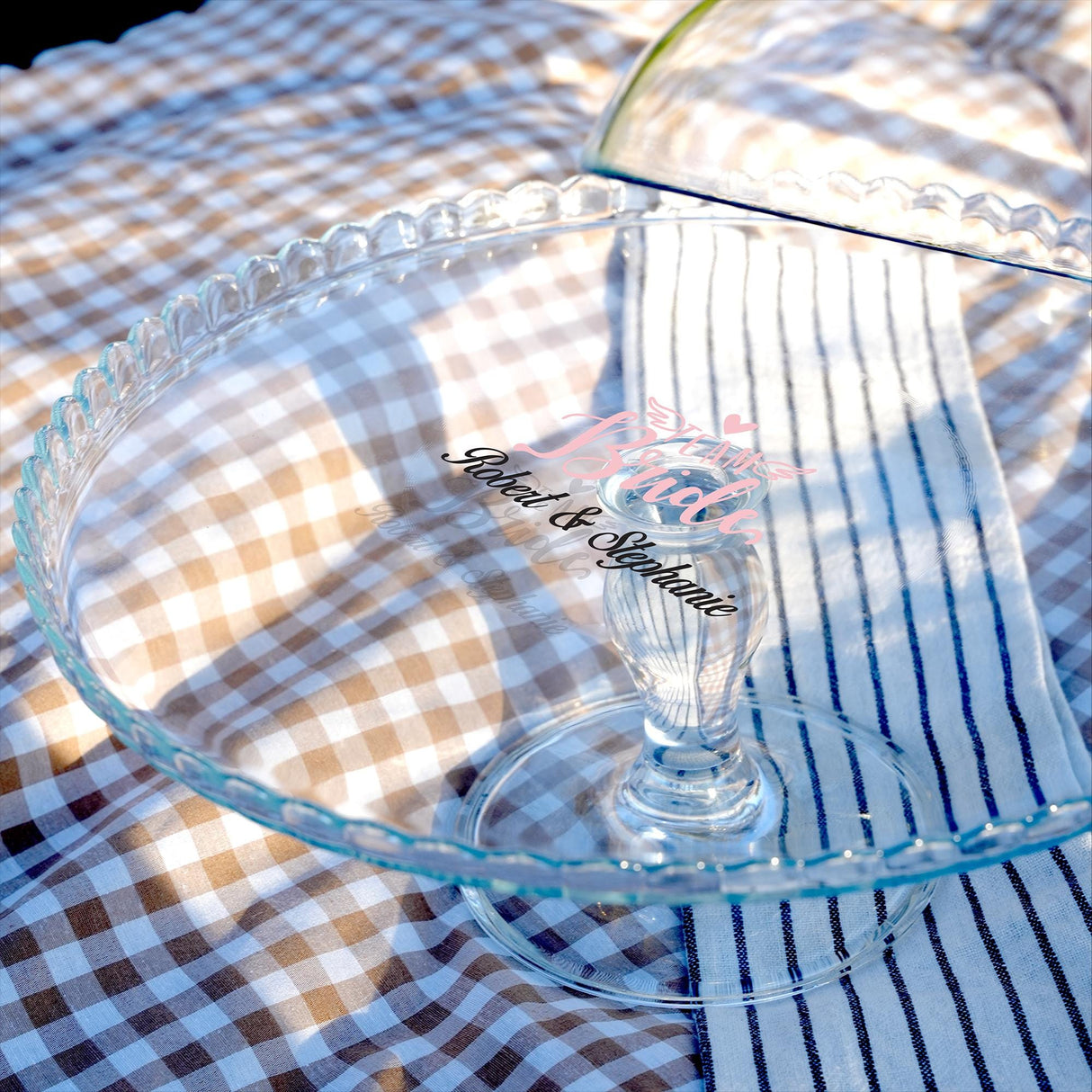Wedding Cake Stand with Personalized Dome Lid: Bride and Groom Name Glass Plate, Couple Kithcen Gift