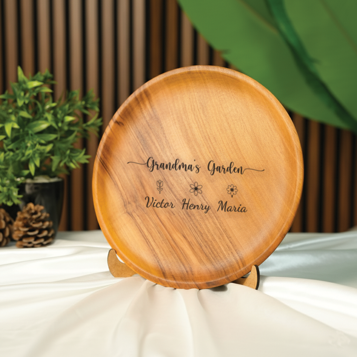 Grandma’s Garden Wooden Decorative Plate: Custom Engraved Home Decor Gift