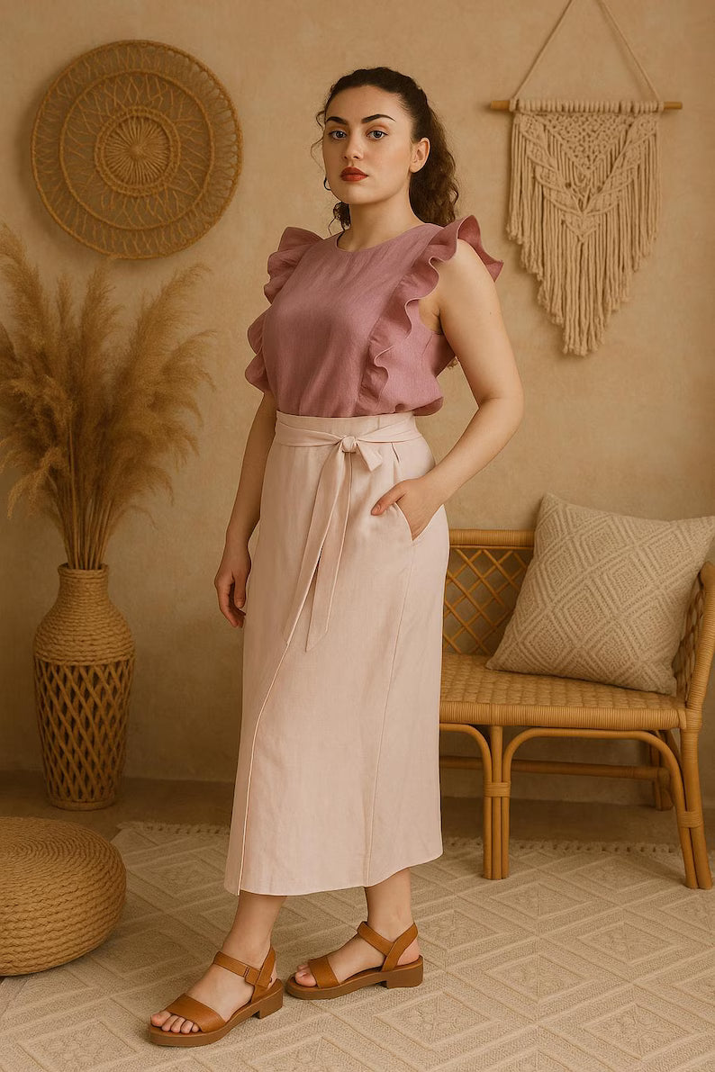Linen Wrap Maxi Skirt for Women, Adjustable Strap Tie Skirt, Linen  A Line Skirt, Summer Linen Clothing, Long Linen Skirt, Minimalist Style