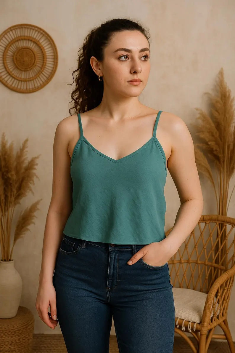 Womens Spaghetti Strap Tank Top, Linen Crop Top, Adjustable Spaghetti Strap Top, Linen Cami Top, Crop Top for Woman, Linen Summer Blouse