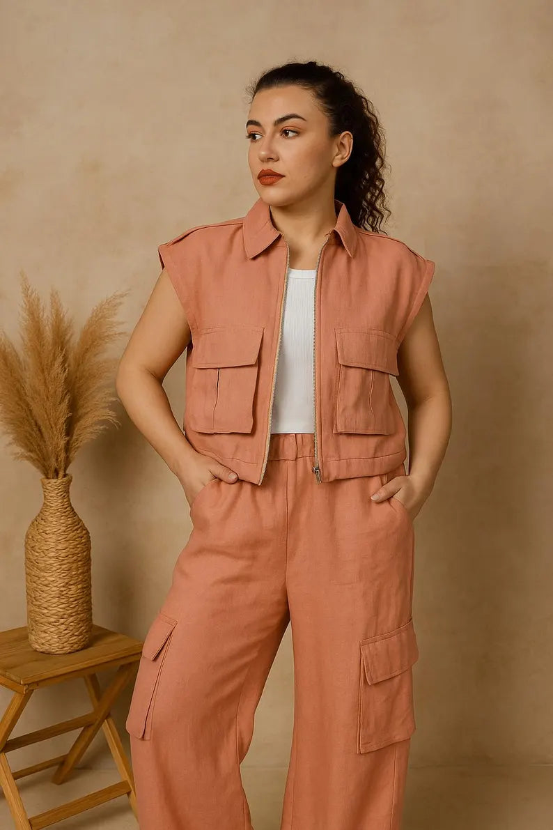 Women Linen Cargo Vest with Zipper,  Relaxed Fit Linen Vest, Linen Clothing, Linen Vest with Pocket, Sleeveless Summer Vest, Loose Linen Top