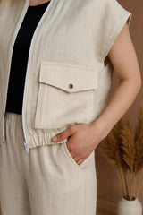 Women Linen Cargo Vest with Zipper,  Relaxed Fit Linen Vest, Linen Clothing, Linen Vest with Pocket, Sleeveless Summer Vest, Loose Linen Top