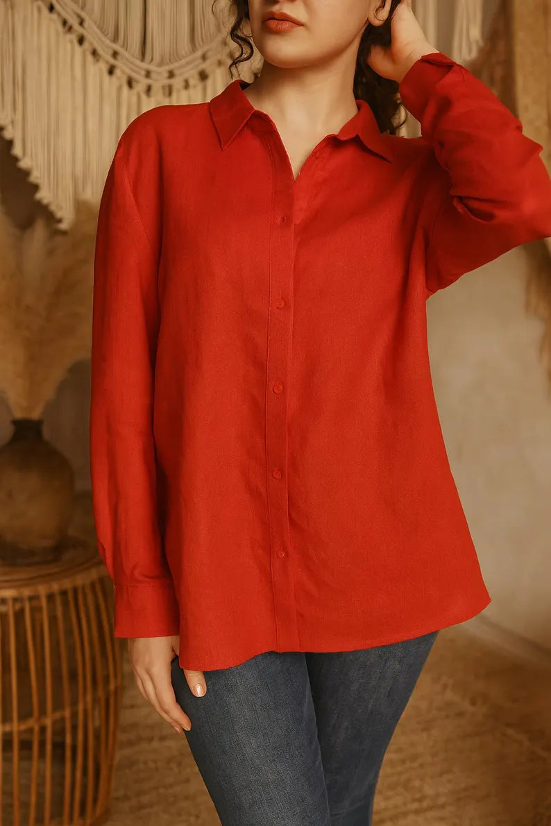 Linen Button Up Shirt for Women, Long Sleeve Linen Shirt, Classic Linen Shirt, Oversized Linen Shirts, Woman Linen Tops, Office Work Outfits
