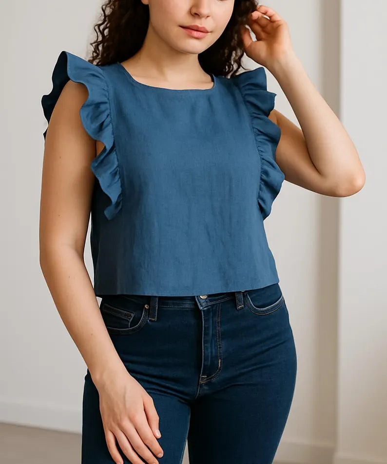 Romantic Linen Tank Tops, Ruffle Sleeve Crop Tops, Basic Tops for Women, Linen Sleeveless Blouse, Linen Camisole,  Womens Dainty Blouses