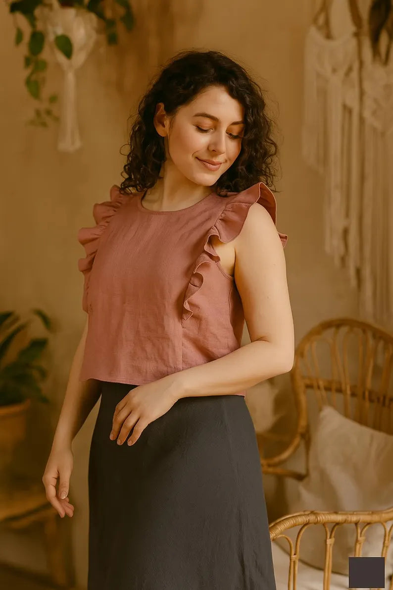 Romantic Linen Tank Tops, Ruffle Sleeve Crop Tops, Basic Tops for Women, Linen Sleeveless Blouse, Linen Camisole,  Womens Dainty Blouses