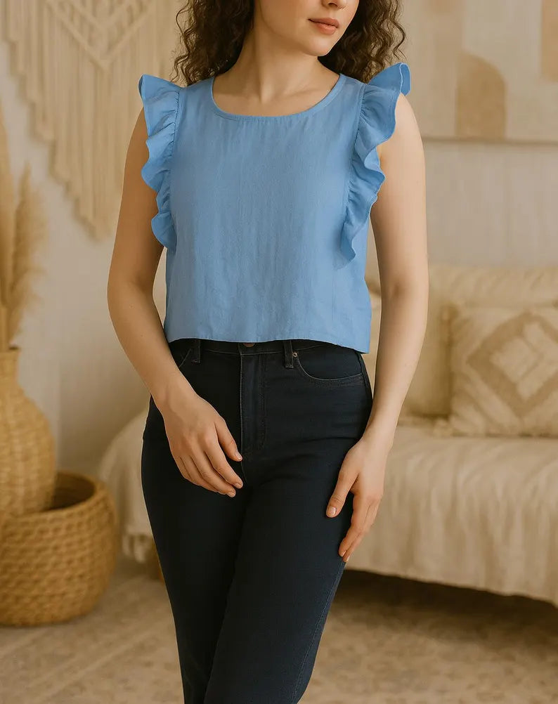 Romantic Linen Tank Tops, Ruffle Sleeve Crop Tops, Basic Tops for Women, Linen Sleeveless Blouse, Linen Camisole,  Womens Dainty Blouses