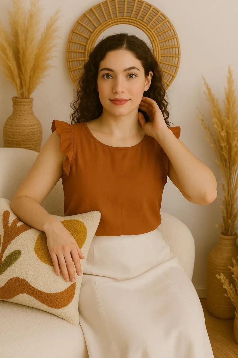 Romantic Linen Tank Tops, Ruffle Sleeve Crop Tops, Basic Tops for Women, Linen Sleeveless Blouse, Linen Camisole,  Womens Dainty Blouses