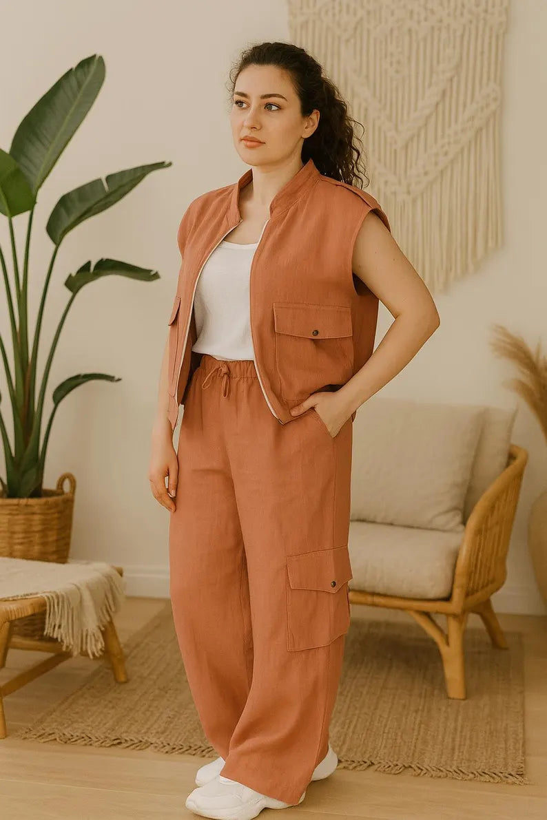 Women Linen Cargo Vest with Zipper,  Relaxed Fit Linen Vest, Linen Clothing, Linen Vest with Pocket, Sleeveless Summer Vest, Loose Linen Top