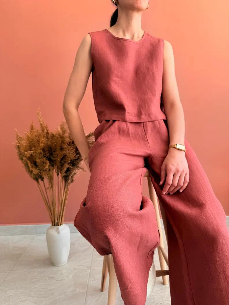 Wide Leg Linen Pants for Women, Elastic Waist Flowy Trousers, Summer Linen Pants with Pockets, Loose Linen Pants, Linen Clothing for Women