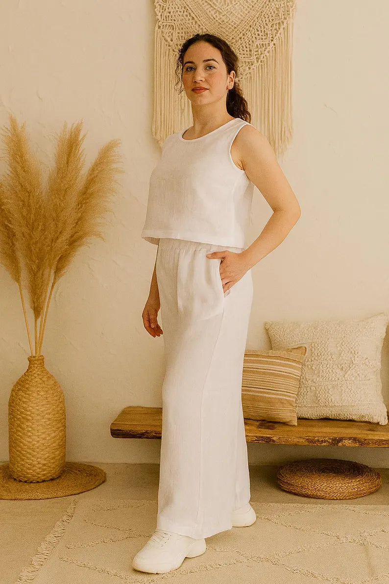 Wide Leg Linen Pants for Women, Elastic Waist Flowy Trousers, Summer Linen Pants with Pockets, Loose Linen Pants, Linen Clothing for Women