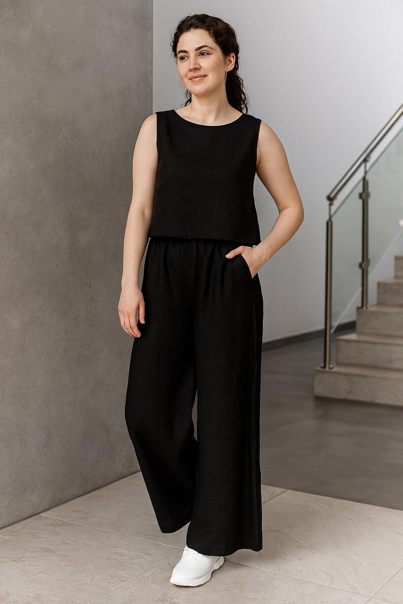 Linen Culotte Pants, Linen Palazzo Pants, Wide Leg Linen Trousers Women, Relaxed Fit Linen Summer Pants, Elastic Waist Wide Leg, Trousers