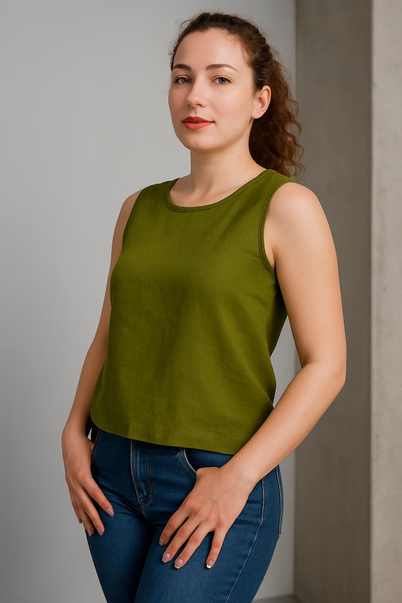 Women Linen Tank Top, Minimalist Linen Blouse, Sleeveless Summer Top, Casual Linen Clothing, Basic Cropped Linen Tops, Minimalist Crop Top