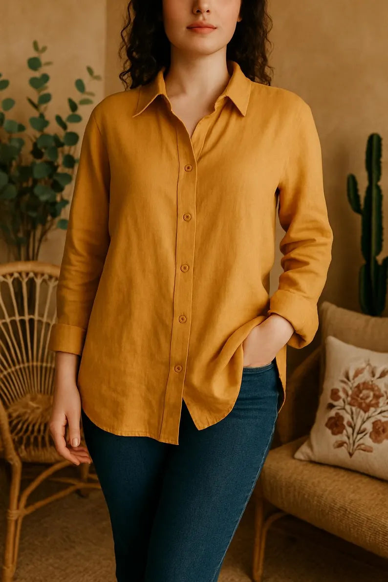 Linen Button Down Shirt for Women, Long Sleeve Collar Shirt, Oversize Linen Shirt, Minimal Workwear Blouse,Classic Timeless Fit Summer Shirt