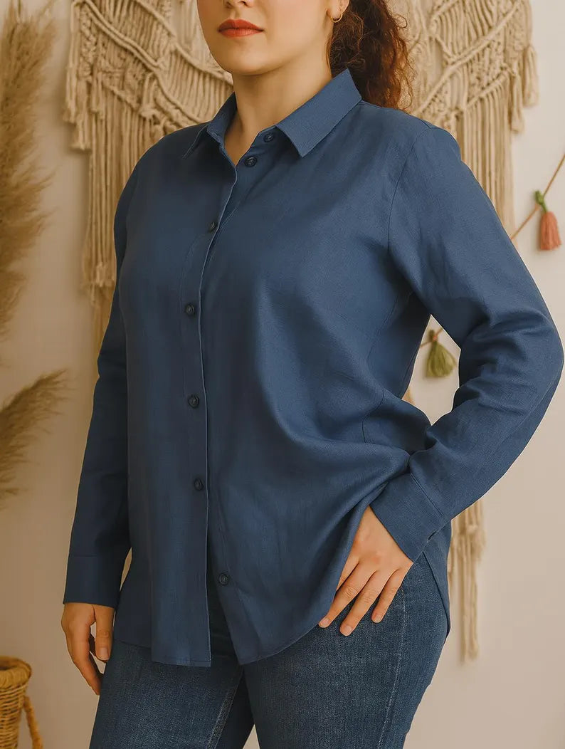 Linen Button Down Shirt for Women, Long Sleeve Collar Shirt, Oversize Linen Shirt, Minimal Workwear Blouse,Classic Timeless Fit Summer Shirt