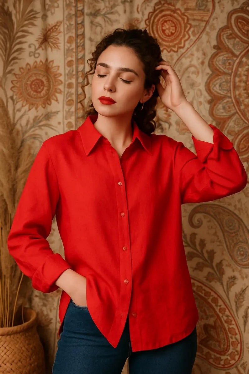 Linen Button Down Shirt for Women, Long Sleeve Collar Shirt, Oversize Linen Shirt, Minimal Workwear Blouse,Classic Timeless Fit Summer Shirt