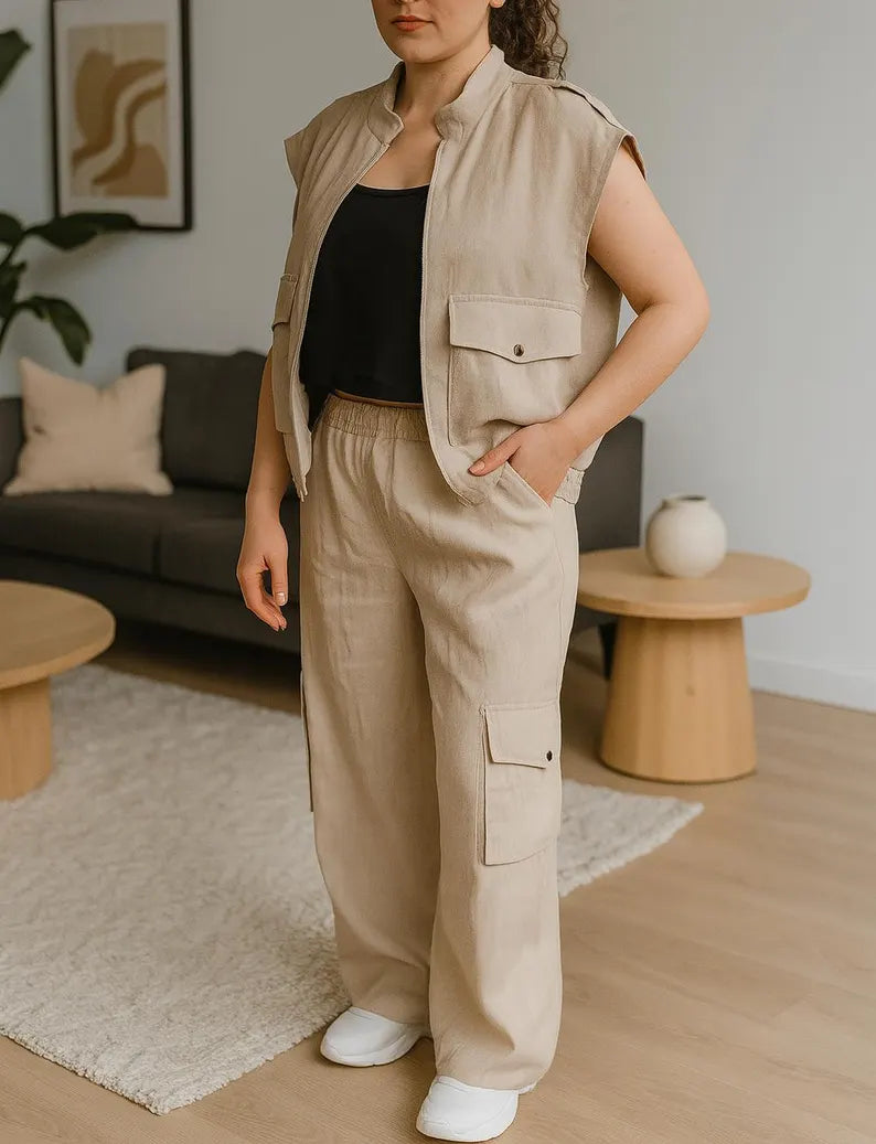 Women Linen Cargo Vest with Zipper,  Relaxed Fit Linen Vest, Linen Clothing, Linen Vest with Pocket, Sleeveless Summer Vest, Loose Linen Top