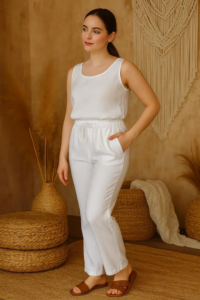 Summer Linen Pants Women, Wide Leg Trousers, Elastic High Waist Pants with Pockets, Casual Linen Bottoms, Formal Women Pants, Linen Trousers