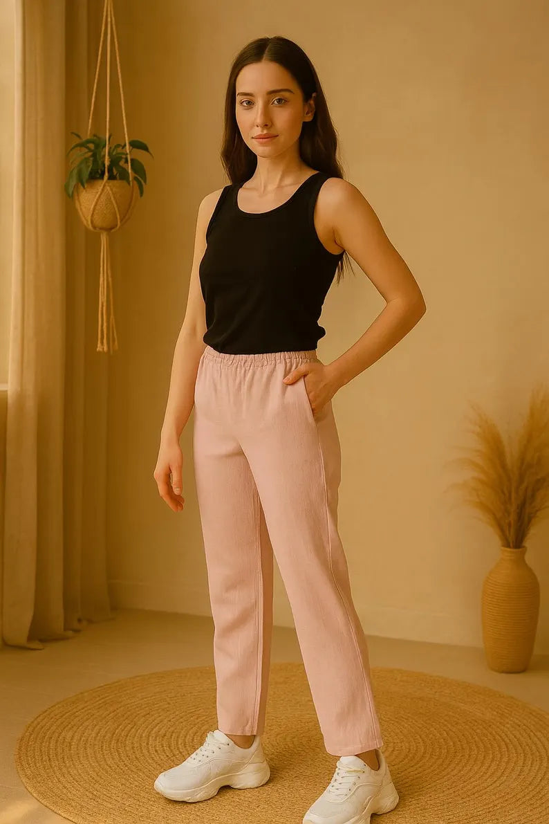 Summer Linen Pants Women, Wide Leg Trousers, Elastic High Waist Pants with Pockets, Casual Linen Bottoms, Formal Women Pants, Linen Trousers