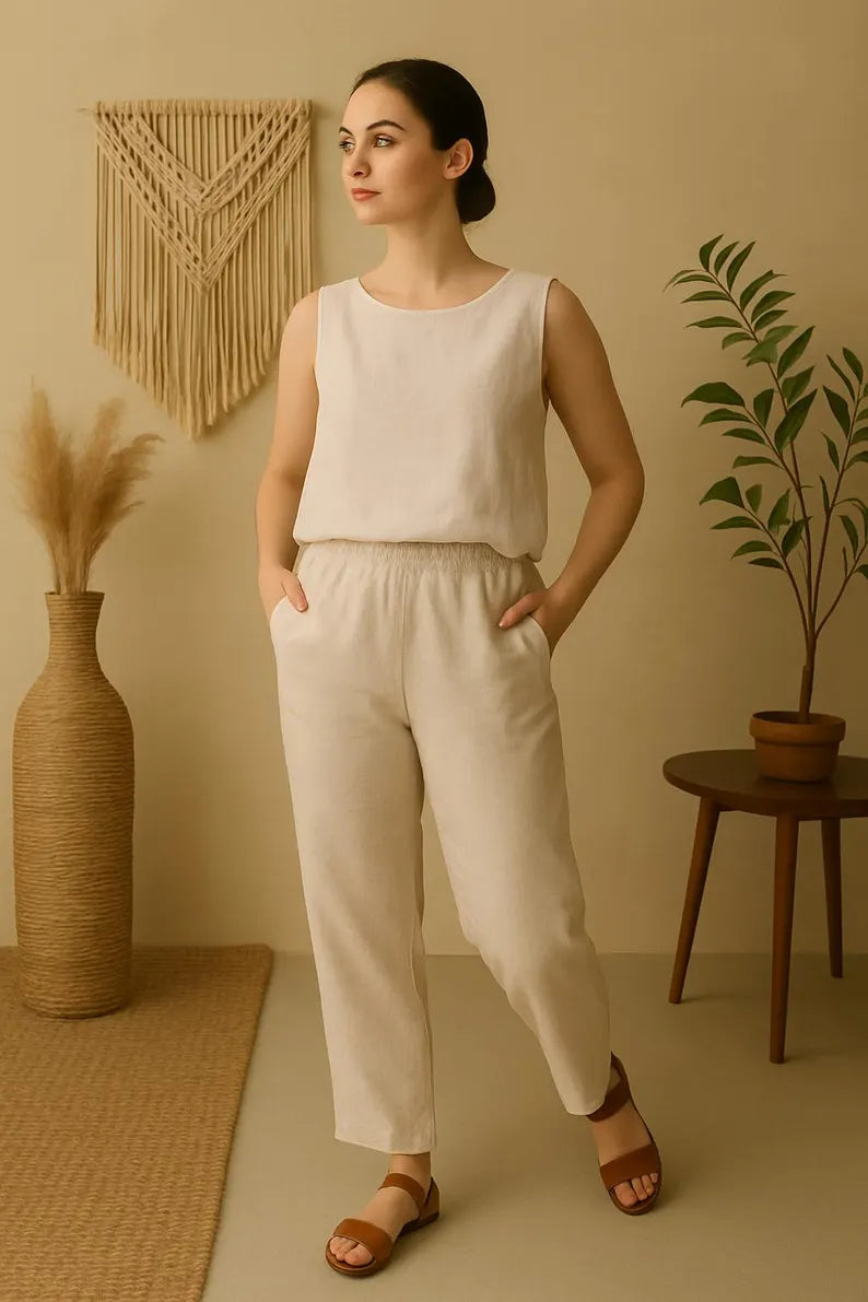 Summer Linen Pants Women, Wide Leg Trousers, Elastic High Waist Pants with Pockets, Casual Linen Bottoms, Formal Women Pants, Linen Trousers