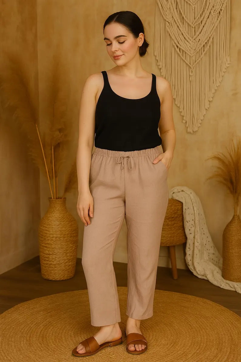 Linen Straight Leg Pants for Women, Linen Long Pants, Elastic Waist Trousers, Straight Pants, Casual Everyday Wear, Premium Linen for Women