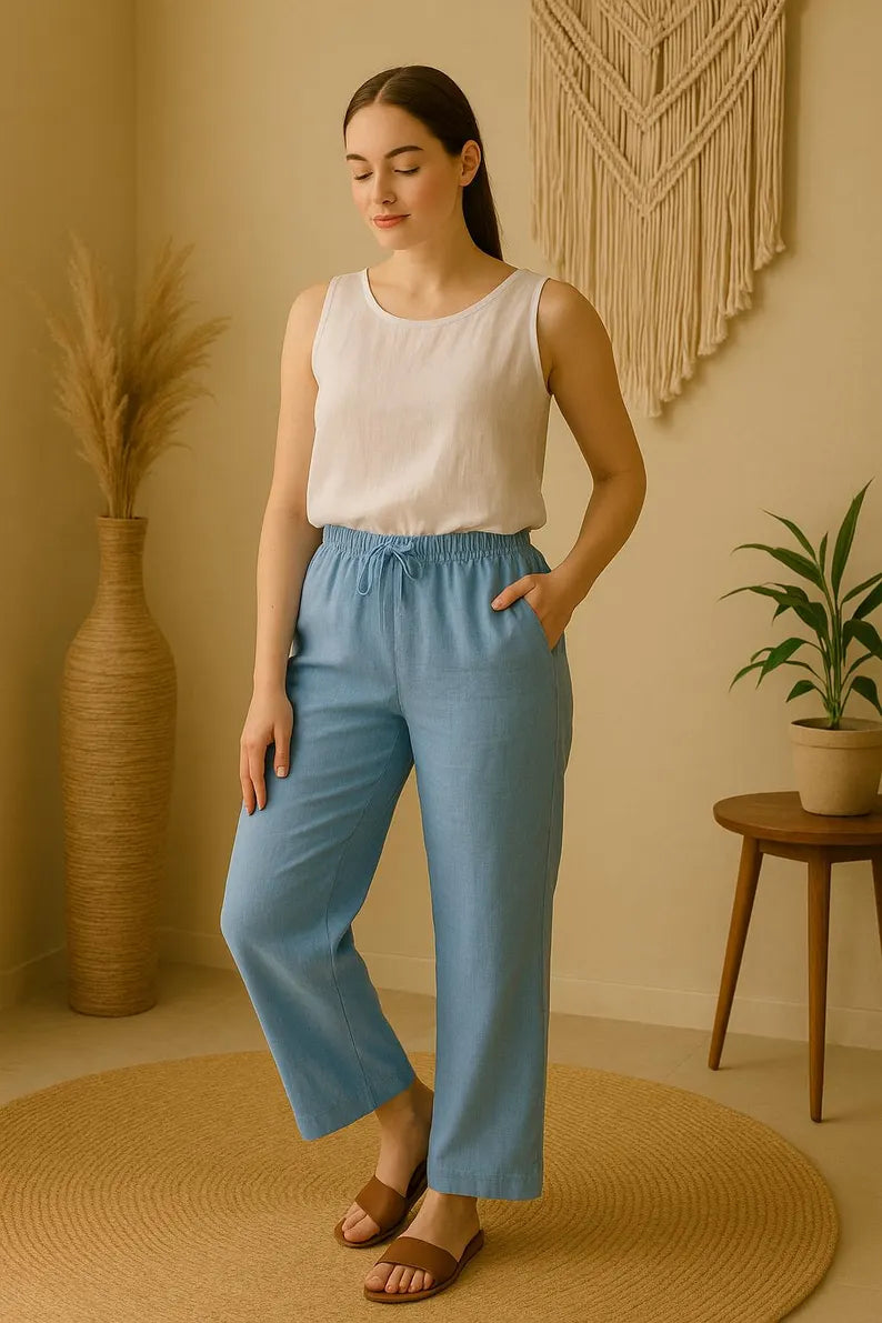 Linen Straight Leg Pants for Women, Linen Long Pants, Elastic Waist Trousers, Straight Pants, Casual Everyday Wear, Premium Linen for Women