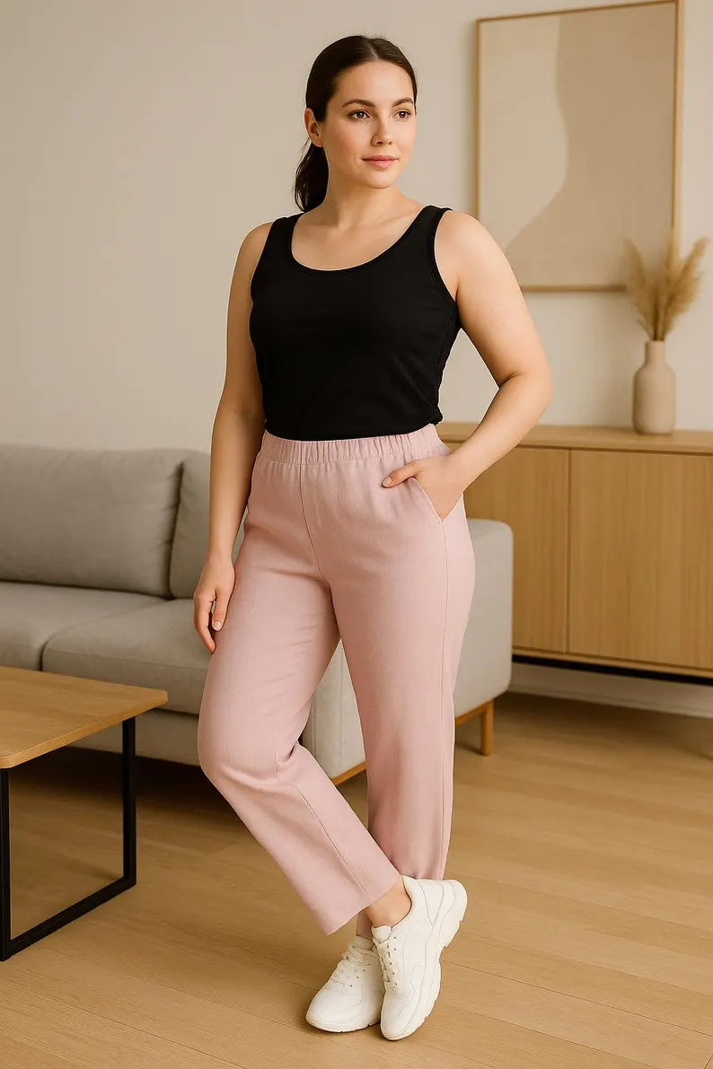 Linen Straight Leg Pants for Women, Linen Long Pants, Elastic Waist Trousers, Straight Pants, Casual Everyday Wear, Premium Linen for Women