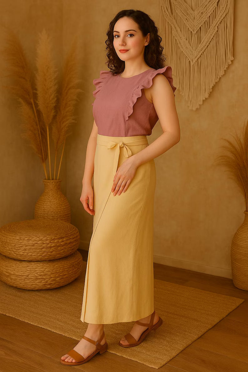Linen Wrap Maxi Skirt for Women, Adjustable Strap Tie Skirt, Linen  A Line Skirt, Summer Linen Clothing, Long Linen Skirt, Minimalist Style