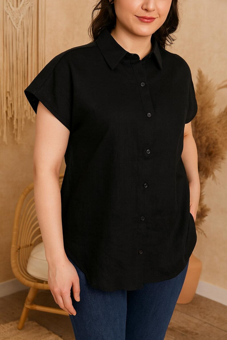 Short Sleeve Linen Shirt for Women, Button Down Relaxed Fit Blouse, Summer Linen Top, Plus Size Floral Shirts, Minimalist Everyday Outfit