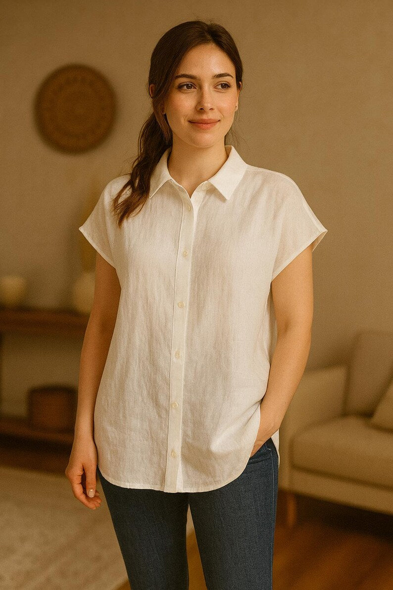 Short Sleeve Linen Shirt for Women, Button Down Relaxed Fit Blouse, Summer Linen Top, Plus Size Floral Shirts, Minimalist Everyday Outfit