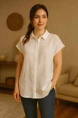 Short Sleeve Linen Shirt for Women, Button Down Relaxed Fit Blouse, Summer Linen Top, Plus Size Floral Shirts, Minimalist Everyday Outfit