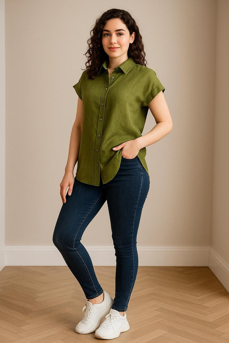 Relaxed Linen Button Down Shirt for Women, Short Sleeve Loose Fit Top, Lightweight Linen Blouse, Linen White Shirt, Casual Summer Outfits