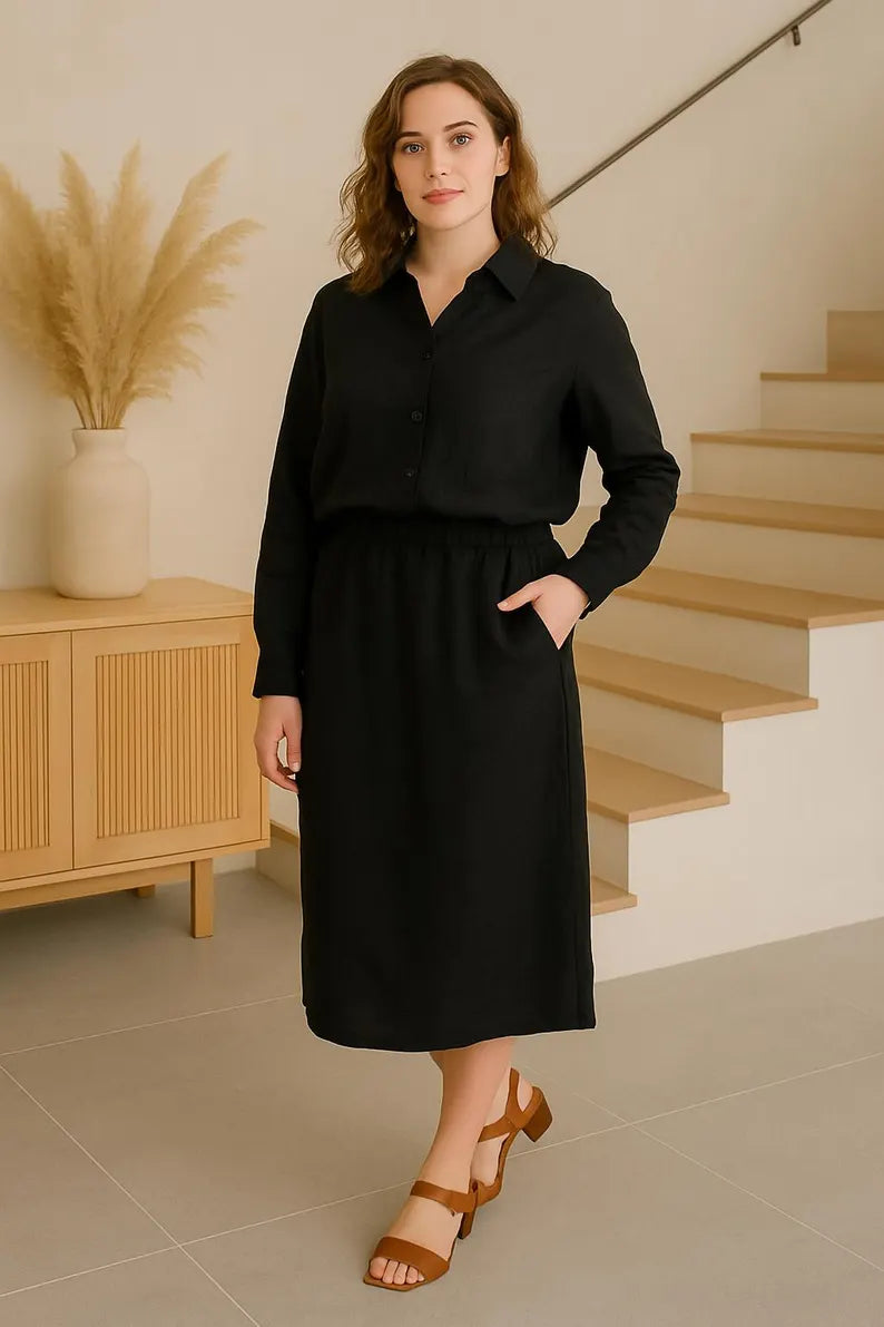 Womens Straight-Cut Linen Skirt, Linen Midi Skirt with Pocket, Minimalist Workwear, Bottoms for Woman, Linen Skirts, Everyday Summer Style