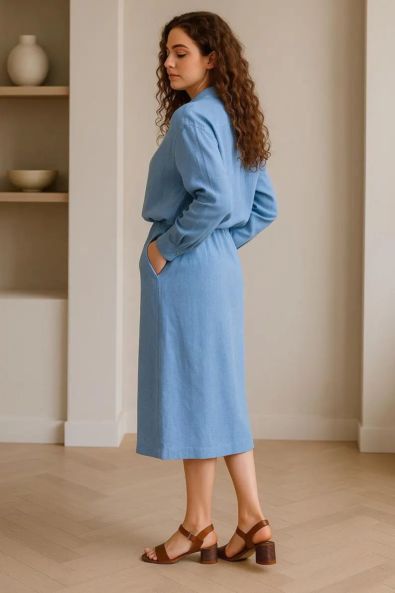Womens Straight-Cut Linen Skirt, Linen Midi Skirt with Pocket, Minimalist Workwear, Bottoms for Woman, Linen Skirts, Everyday Summer Style