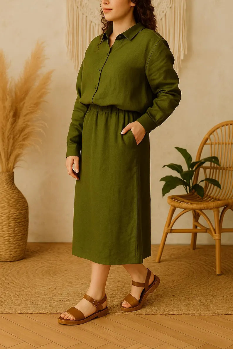 Womens Straight-Cut Linen Skirt, Linen Midi Skirt with Pocket, Minimalist Workwear, Bottoms for Woman, Linen Skirts, Everyday Summer Style