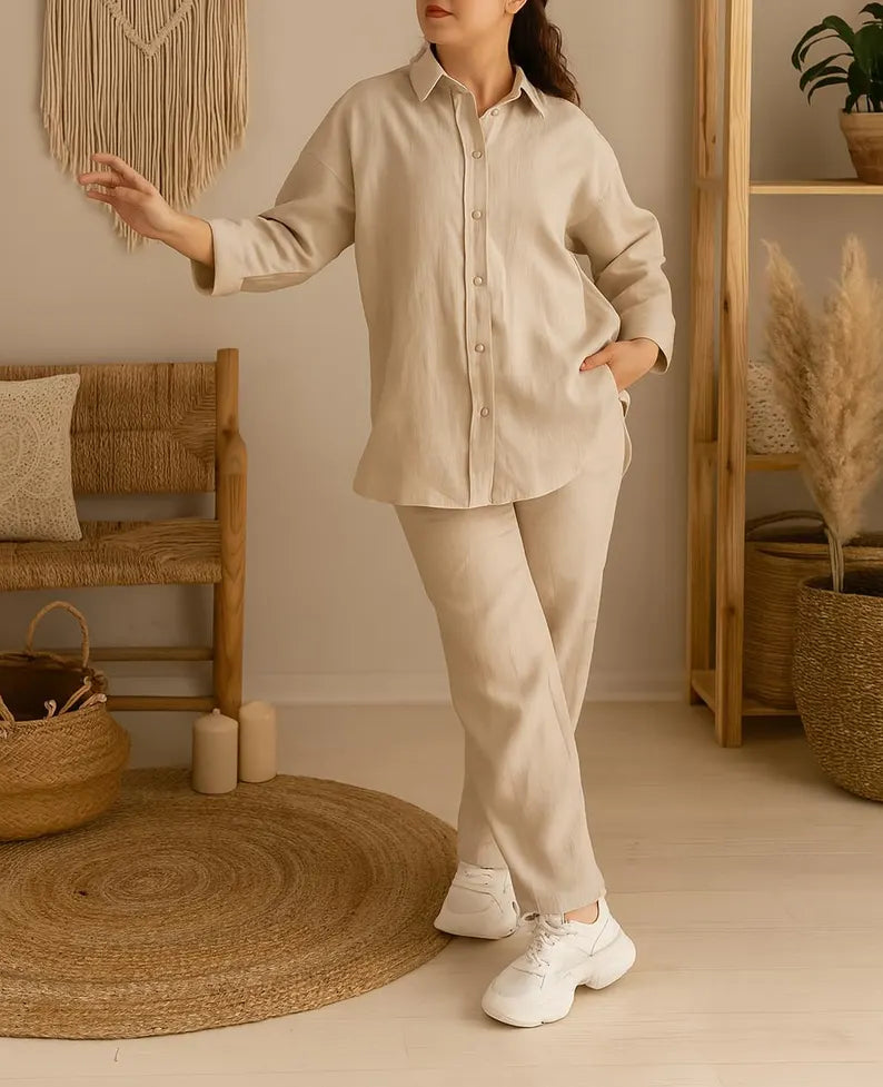 Linen Button Down Shirt for Women, Long Sleeve Collar Shirt, Oversize Linen Shirt, Minimal Workwear Blouse,Classic Timeless Fit Summer Shirt