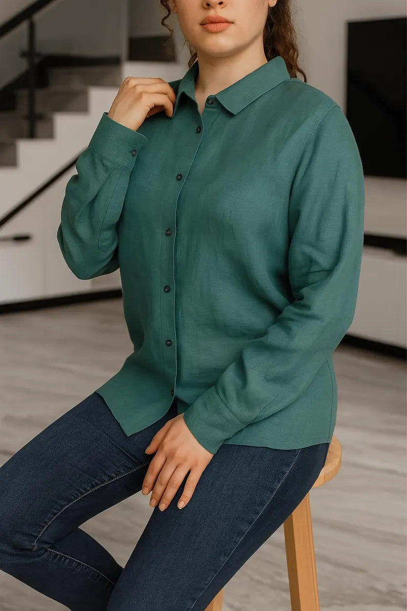 Linen Button Down Shirt for Women, Long Sleeve Collar Shirt, Oversize Linen Shirt, Minimal Workwear Blouse,Classic Timeless Fit Summer Shirt