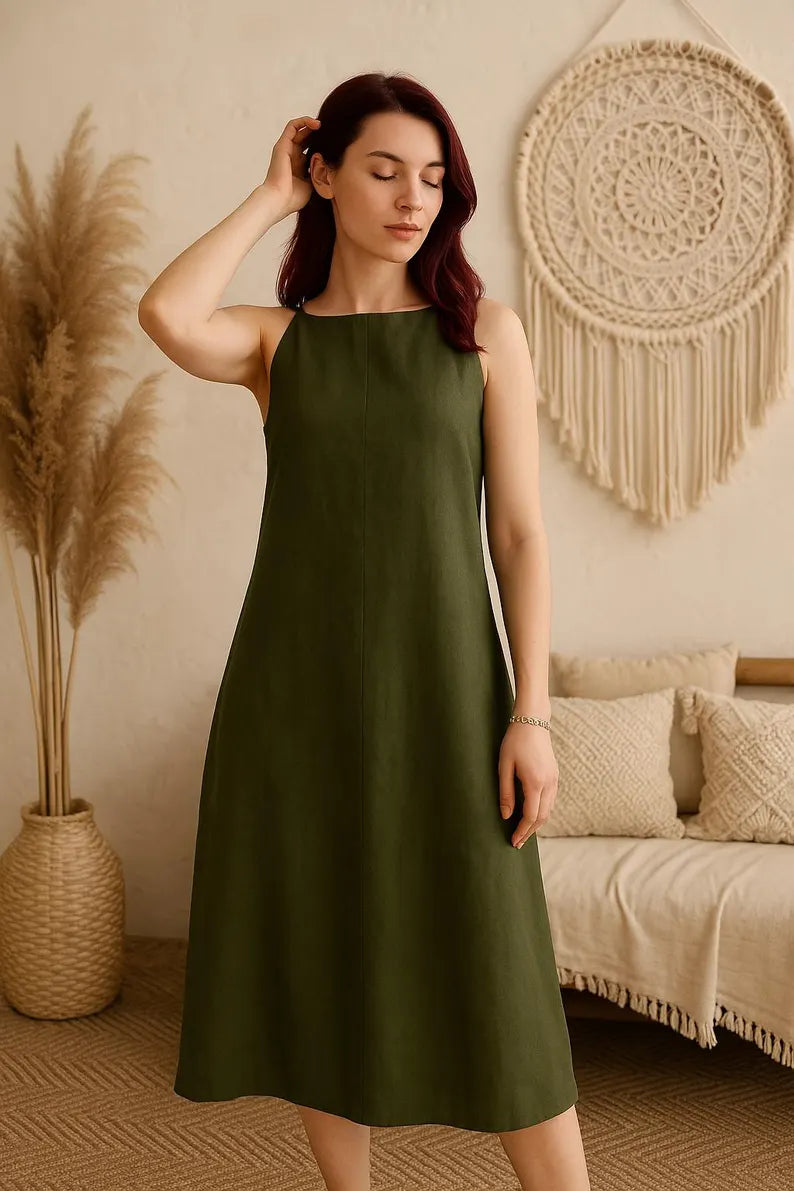 Linen Midi Dress for Women, Minimalist Sleeveles Black Dress, Linen Summer Clothing, Everyday Maxi Dress, A Line Loose Linen Dress, Clothing