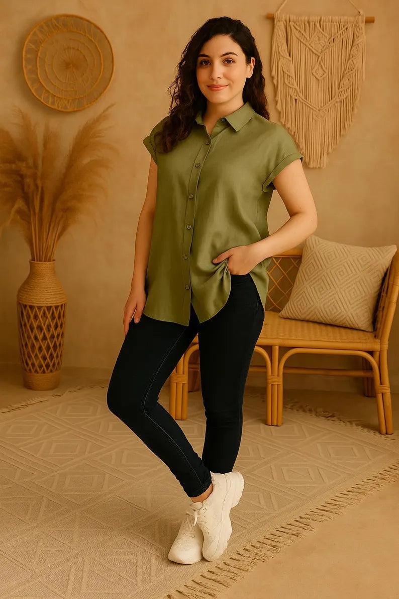 Short Sleeves Linen Shirt for Women, Relaxed Fit Linen Shirt, Button Down White Shirt, Summer Linen Top, Casual Shirt, Womens Spring Style