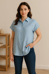 Short Sleeve Linen Shirt for Women, Button Down Relaxed Fit Blouse, Summer Linen Top, Plus Size Floral Shirts, Minimalist Everyday Outfit
