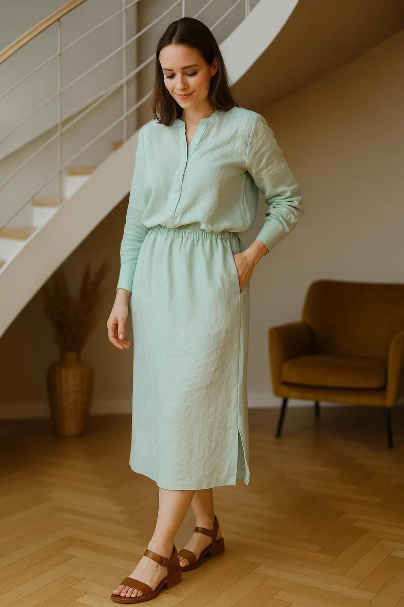 Womens Straight-Cut Linen Skirt, Linen Midi Skirt with Pocket, Minimalist Workwear, Bottoms for Woman, Linen Skirts, Everyday Summer Style