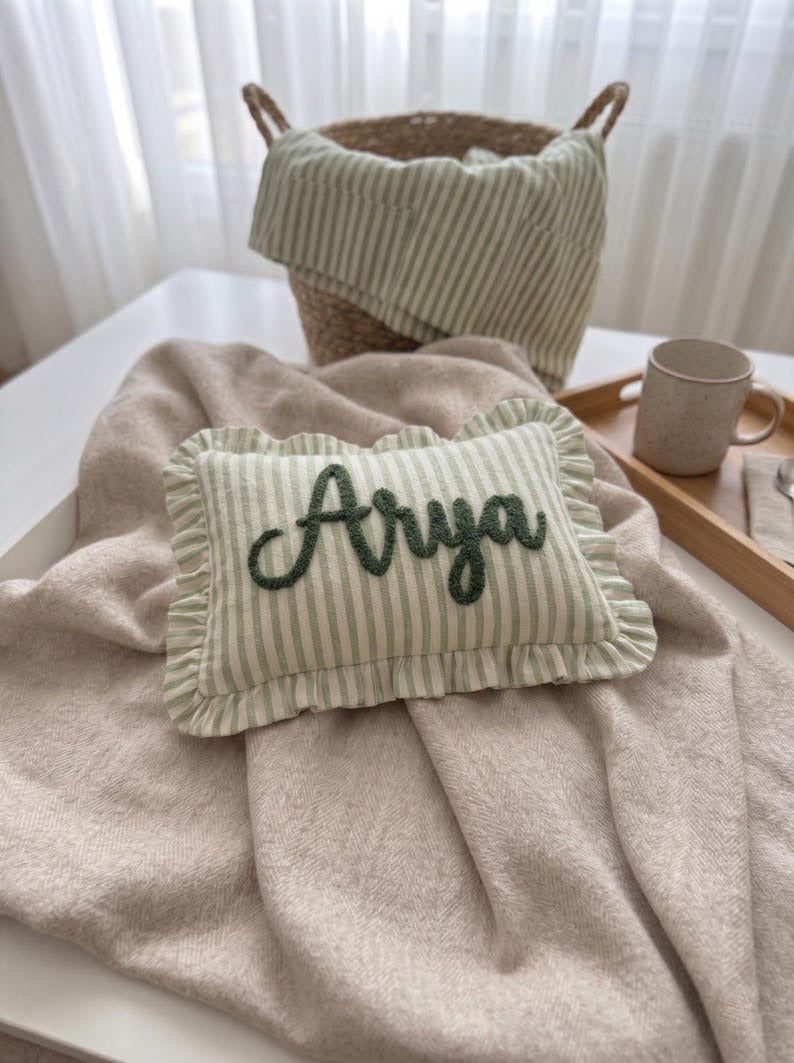 Personalized Striped Ruffled Pillow Cover, Custom Name Embroidery Cushion