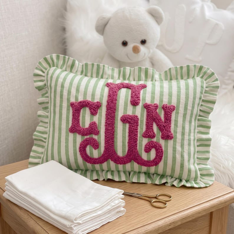 Monogram Custom Embroidered Pillow: Personalized College Gift Dorm Decor, Striped Ruffled Cushion