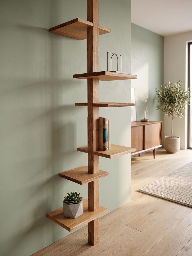 Adjustable Floor to Ceiling Shelf |Solid Wood 6-Tier Display Stand