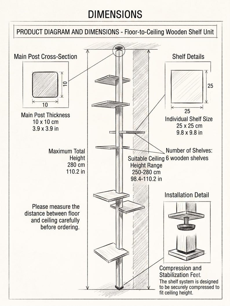Adjustable Floor to Ceiling Shelf |Solid Wood 6-Tier Display Stand