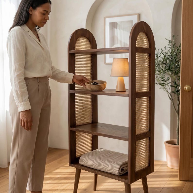 Mid-Century Rattan Display Shelf | Modern Open Bookcase