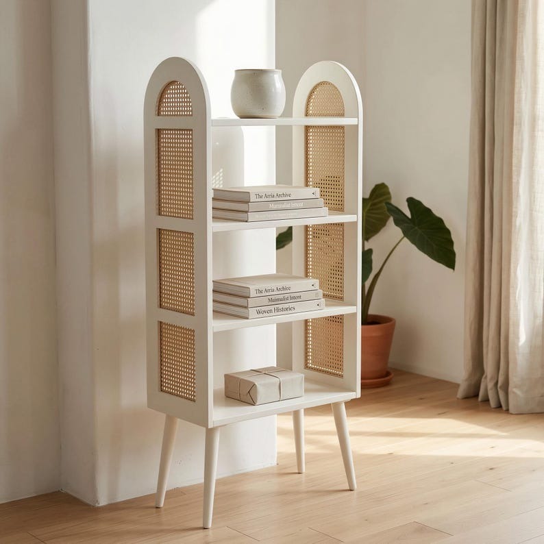 Mid-Century Rattan Display Shelf | Modern Open Bookcase