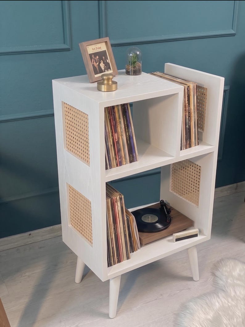 Rattan Record Player Stand with Vinyl Storage | Wooden Turntable Cabinet
