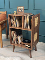 Rattan Record Player Stand with Vinyl Storage | Wooden Turntable Cabinet