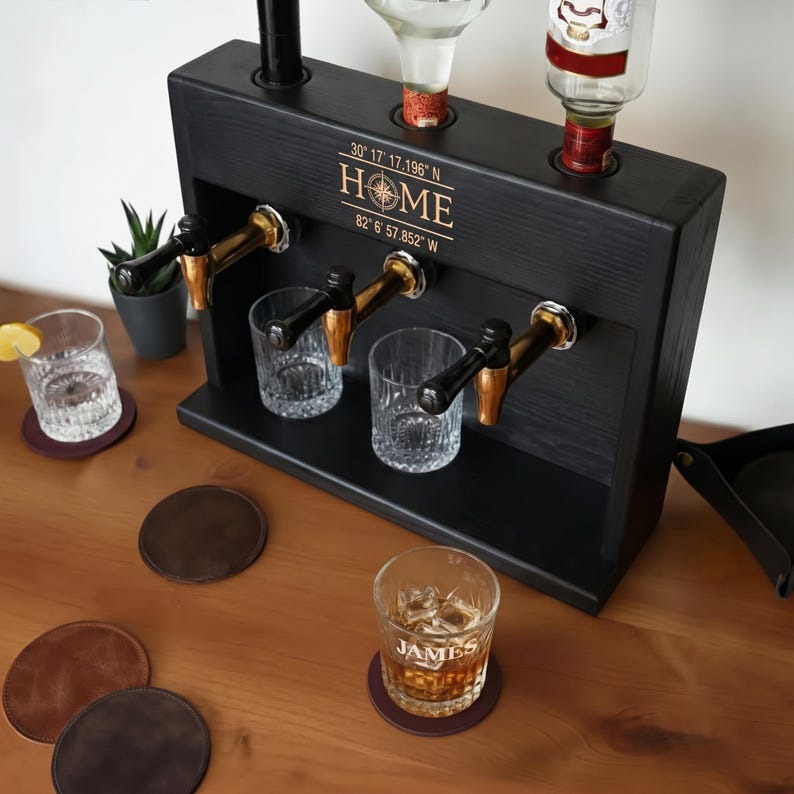 Wooden Liquor Bottle Dispenser with Custom Engraving | Rustic Home Bar Station